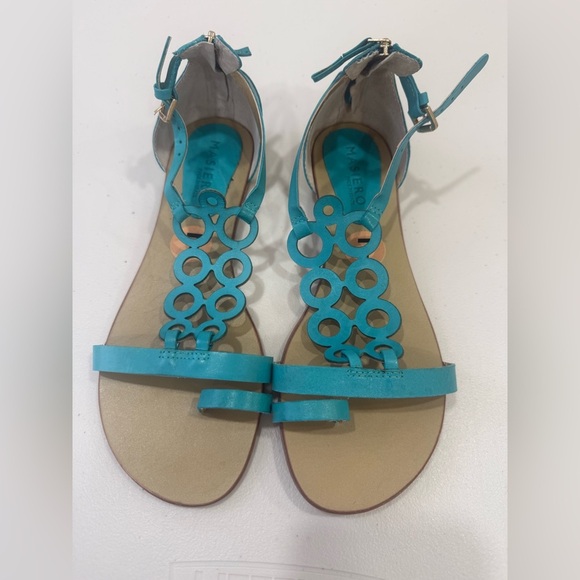 Masiero Leather Blue Cut Out Flat Sandals 7 - Picture 1 of 3
